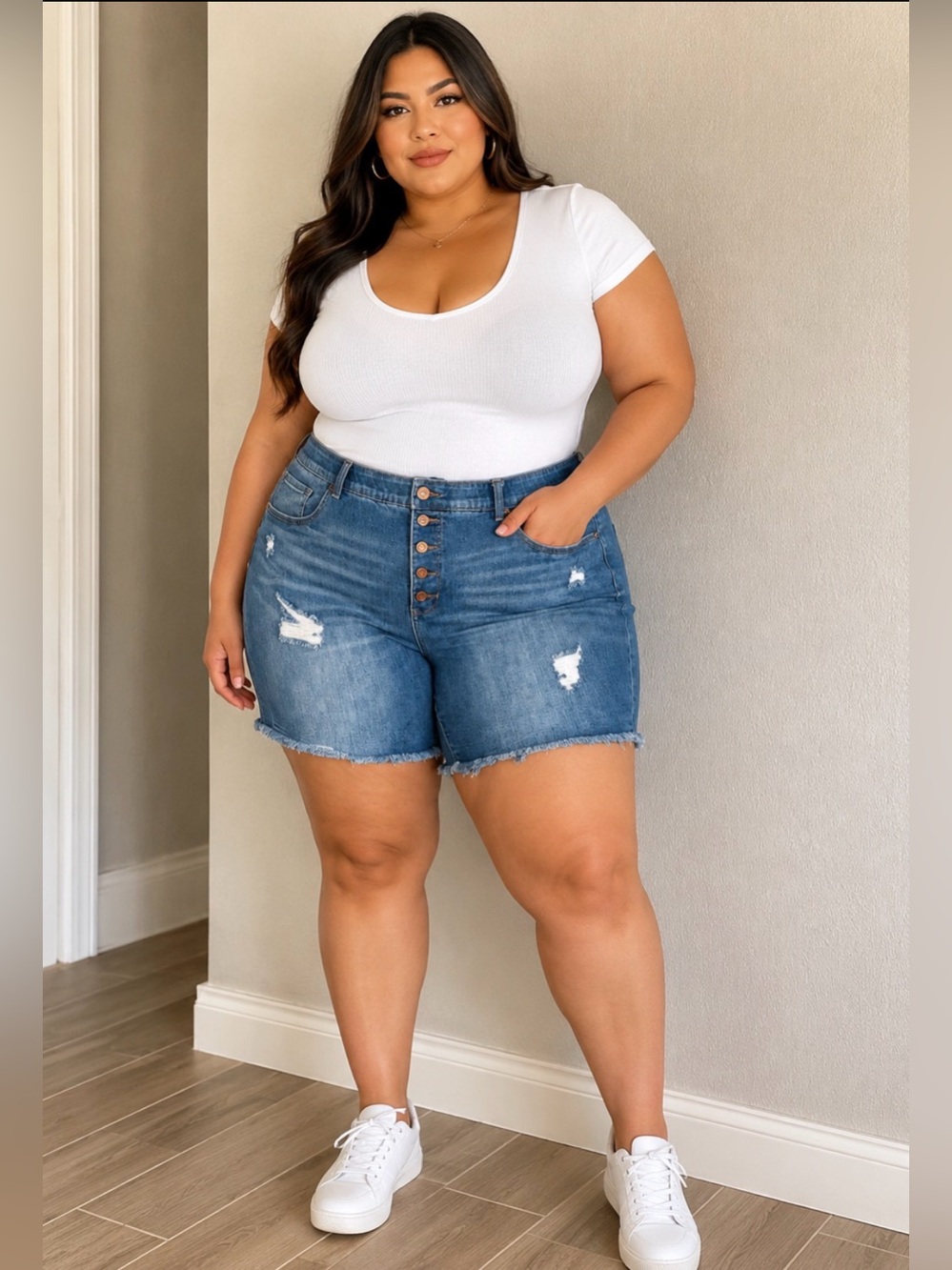 Terra & Sky White Top with Washed Blue Distressed High-Rise Jean Shorts